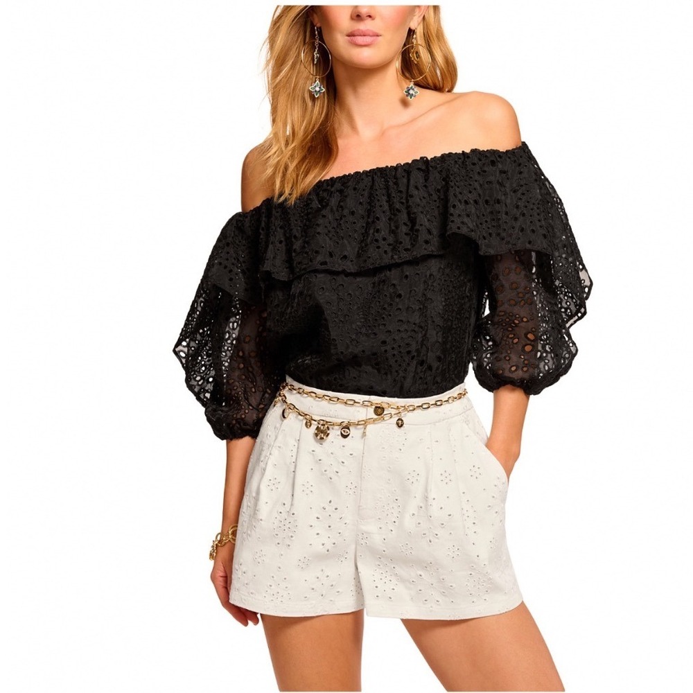 Ramy Brook Salma Off The Shoulder Black Eyelet Lace‎ Puff Sleeve Top Large NEW